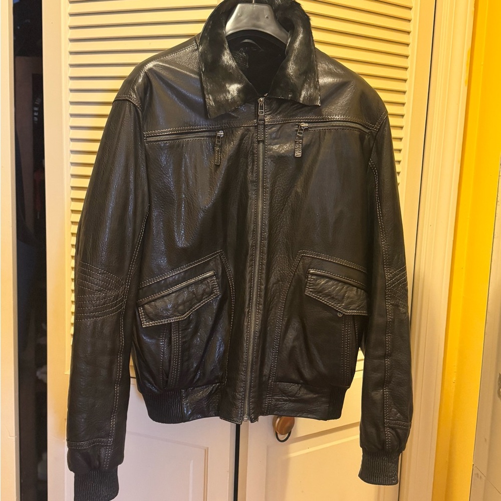 Kiton Black Leather Bomber Jacket